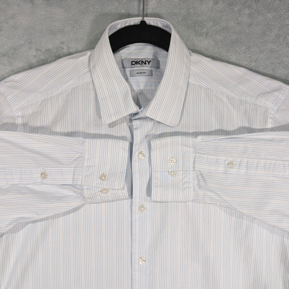 DKNY Mens Slim Fit Dress Shirt Office White Blue‎ Striped 100% Cotton 15 32/33
